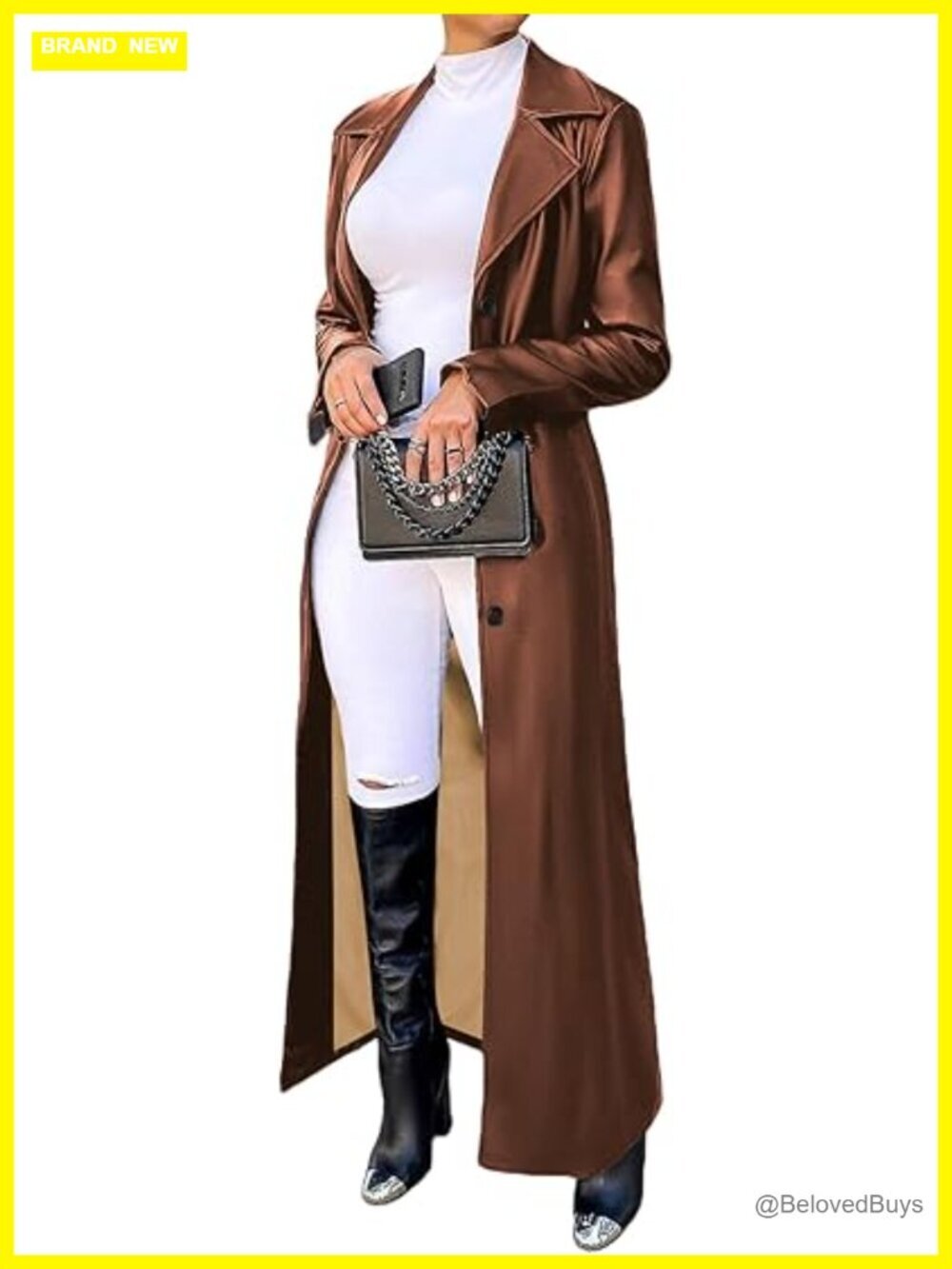 Faux Leather Long Trench Coat Single Breasted Button Closure Windproof